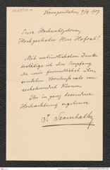 Nachlass Franz Steindachner, Brief von Josef Szombathy an Franz Steindachner (09.08.1907), Inv.Nr. 534.11, Seite 1